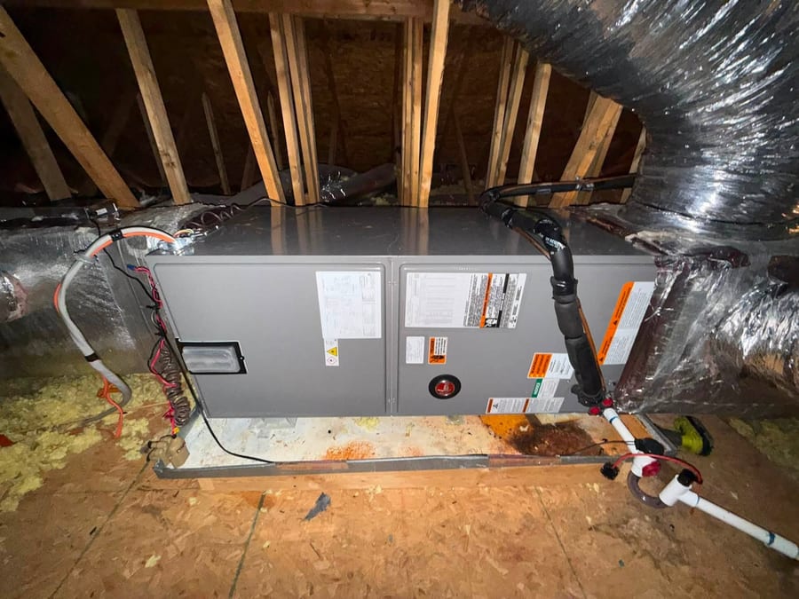 Attic air handler with insulated flex duct and a new drain line